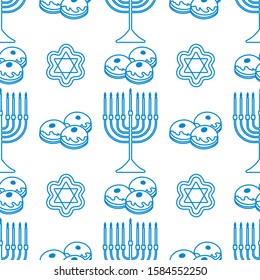 Happy Hanukkah. Jewish holiday Vector seamless pattern with traditional Chanukah symbols Menorah candles, donuts, cookies on the white background. Festive design for textile, wrapping, print