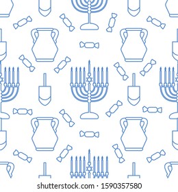 Happy Hanukkah. Jewish holiday Vector seamless pattern with traditional Chanukah symbols Menorah candles, oil jar, dreidel, spinning top, candy Festive background Design for textile, wrapping, print.