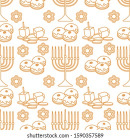 Happy Hanukkah. Jewish Holiday Vector Seamless Pattern With Traditional Chanukah Symbols Menorah Candles, Donuts, Dreidel Spinning Top, Coins, Cookies. Festive Design For Textile, Wrapping, Print