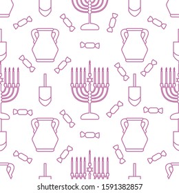 Happy Hanukkah. Jewish holiday Vector seamless pattern with traditional Chanukah symbols Menorah candles, oil jar, dreidel, spinning top, candy Festive background Design for textile, wrapping, print.