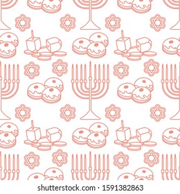 Happy Hanukkah. Jewish Holiday Vector Seamless Pattern With Traditional Chanukah Symbols Menorah Candles, Donuts, Dreidel Spinning Top, Coins, Cookies. Festive Design For Textile, Wrapping, Print