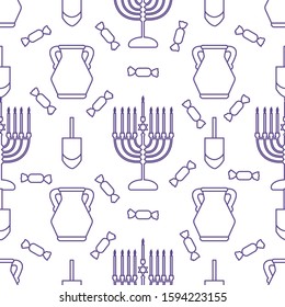 Happy Hanukkah. Jewish holiday Vector seamless pattern with traditional Chanukah symbols Menorah candles, oil jar, dreidel, spinning top, candy Festive background Design for textile, wrapping, print.