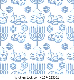 Happy Hanukkah. Jewish holiday Vector seamless pattern with traditional Chanukah symbols Menorah candles, donuts, dreidel spinning top, coins, cookies. Festive design for textile, wrapping, print