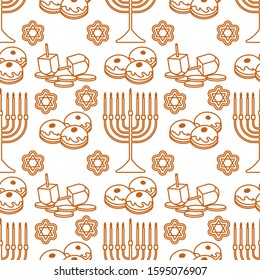 Happy Hanukkah. Jewish holiday Vector seamless pattern with traditional Chanukah symbols Menorah candles, donuts, dreidel spinning top, coins, cookies. Festive design for textile, wrapping, print