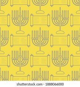 Happy Hanukkah. Jewish holiday Vector seamless pattern with traditional Chanukah symbols Menorah candles, Torah scroll on the white background.  Illuminating and Ultimate Gray.