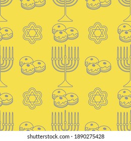 Happy Hanukkah. Jewish holiday Vector seamless pattern with traditional Chanukah symbols Menorah candles, donuts, cookies on the white background. Festive design Illuminating and Ultimate Gray.