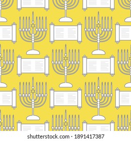 Happy Hanukkah. Jewish holiday Vector seamless pattern with traditional Chanukah symbols Menorah candles, Torah scroll on the white background. Illuminating and Ultimate Gray