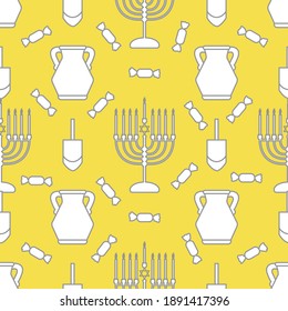 Happy Hanukkah. Jewish holiday Vector seamless pattern with traditional Chanukah symbols Menorah candles, oil jar, dreidel, spinning top, candy Festive background Design Illuminating and Ultimate Gray