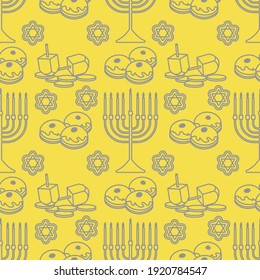 Happy Hanukkah. Jewish Holiday Vector Seamless Pattern With Traditional Chanukah Symbols Menorah Candles, Donuts, Dreidel Spinning Top, Coins, Cookies. Illuminating And Ultimate Gray.