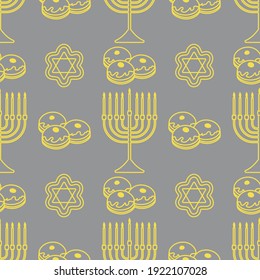 Happy Hanukkah. Jewish holiday Vector seamless pattern with traditional Chanukah symbols Menorah candles, donuts, cookies on the white background. Illuminating and Ultimate Gray.