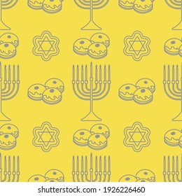 Happy Hanukkah. Jewish holiday Vector seamless pattern with traditional Chanukah symbols Menorah candles, donuts, cookies on the white background. Festive Illuminating and Ultimate Gray.