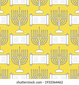Happy Hanukkah. Jewish holiday Vector seamless pattern with traditional Chanukah symbols Menorah candles, Torah scroll on the white background. Illuminating and Ultimate Gray.