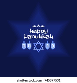 Happy Hanukkah. Jewish holiday. Vector background with  star and dreidel. lettering and symbol on blue. Elegant greeting card. Usable as banner, greeting card, gift package etc.