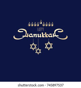 Happy Hanukkah. Jewish holiday. Vector elegant greeting card with handwritten word Hanukkah and star on dark blue background.