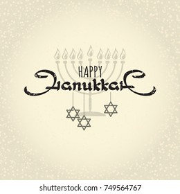 Happy Hanukkah. Jewish holiday. Vector elegant greeting card with handwritten word Hanukkah, menorah and star on light  background.