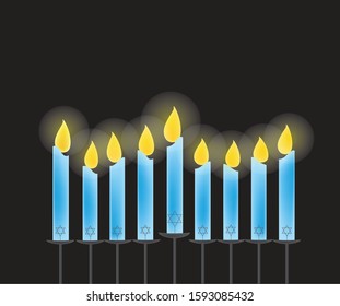 Happy Hanukkah, Jewish religious holiday, The Festival of Lights, hanukkah menolah, burning candles on black background for greeting card, invitation, vector illustration.