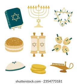 Happy Hanukkah! Jewish set consisting of: Torah, Menorah, Star of David, Sufganiyah, Scroll, Dreidal, Kippah, gelt coin and oil Menorah.