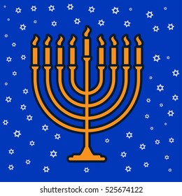 Happy hanukkah jewish traditional nine candle candelabrum holiday symbol on blue background with David star. Vector illustration. 