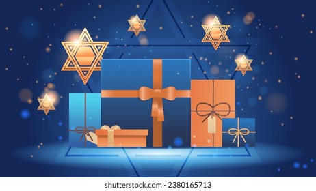 happy hanukkah judaism religious holidays hebrew celebration greeting card star of david symbol with gift boxes horizontal