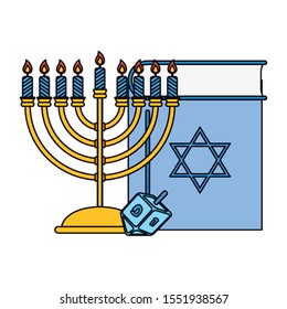 happy hanukkah koran book with chandelier and pyrinola vector illustration design
