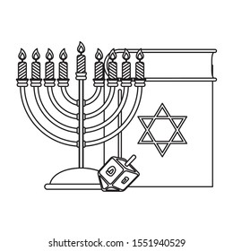 happy hanukkah koran book with chandelier and pyrinola vector illustration design