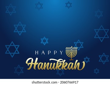 Happy Hanukkah lettering background with menorah and David stars. Vector illustration