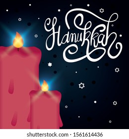 happy hanukkah lettering with candle vector illustration design