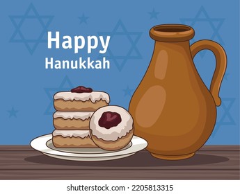 happy hanukkah lettering card with donuts