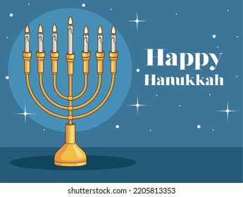 happy hanukkah lettering with chandelier
