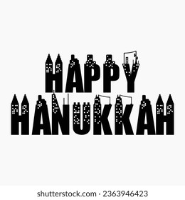 Happy Hanukkah lettering with chandelier vector illustration.