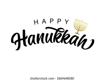 Fröhliche Hanukka-Schrift mit goldener Menorah. Jüdisches Festival der Lichter mit goldener Menorah-Kerzen auf weißem Hintergrund. Holiday Hanuka, Vektorgrafik