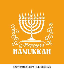 Happy Hanukkah lettering greeting card. Festive poster print typographical inscription. Vector vintage illustration.