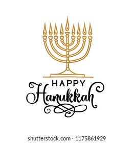 Happy Hanukkah lettering greeting card. Festive poster print typographical inscription. Vector vintage illustration.