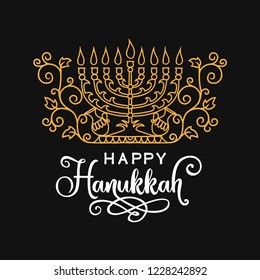 Happy Hanukkah lettering greeting card. Festive poster print typographical inscription. Vector vintage illustration.