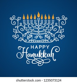 Happy Hanukkah lettering greeting card. Festive poster print typographical inscription. Vector vintage illustration.