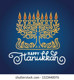 Happy Hanukkah lettering greeting card. Festive poster print typographical inscription. Vector vintage illustration.