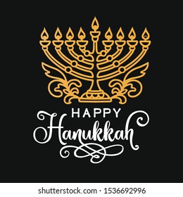 Happy Hanukkah lettering greeting card. Festive poster print typographical inscription. Vector vintage illustration.