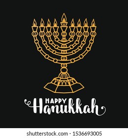 Happy Hanukkah lettering greeting card. Festive poster print typographical inscription. Vector vintage illustration.