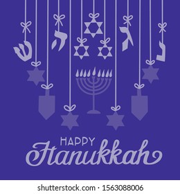 Happy Hanukkah lettering greeting card. Festive poster print typographical inscription. Vector vintage illustration.
