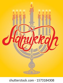 Happy Hanukkah lettering greeting card. Festive poster