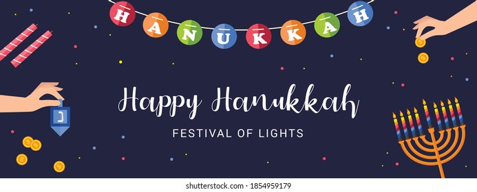 Happy Hanukkah lettering greeting card. Festive poster print typographical inscription. Hanukkah background with golden menorah pattern, traditional candelabra and candles Vector vintage illustration.