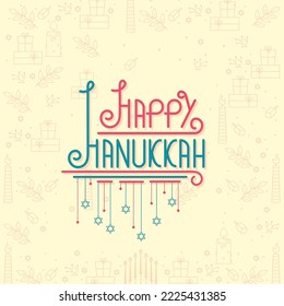 Happy Hanukkah Lettering With Hanging Stars Of David Against Beige Festival Icon Pattern Background.