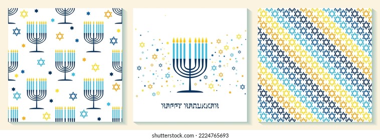 Happy Hanukkah lettering holiday typography. Jewish holiday Hanuka illustration. Chanukah wish sayings with candle menorah isolated on white. Vector template for banner, card with stars of David.