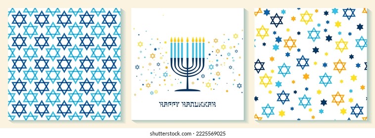 Happy Hanukkah lettering holiday typography. Jewish holiday Hanuka illustration. Chanukah wish sayings with candle menorah isolated on white. Vector template for banner, card with stars of David.