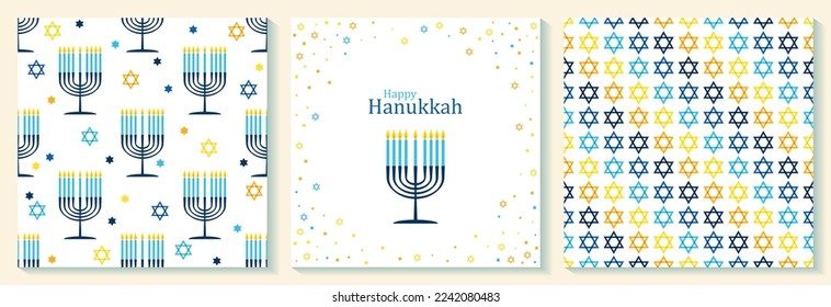 Happy Hanukkah lettering holiday typography. Jewish holiday Hanuka illustration. Chanukah wish sayings with candle menorah isolated on white. Vector template for banner, card with stars of David.