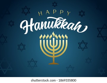 Happy Hanukkah lettering, the Jewish festival of lights with golden menorah, flames and David stars on blue background. Holiday Hanuka vector illustration