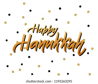 Happy Hanukkah lettering logotype, badge and icon typography.Golden glitter Lettering of jewish holiday logo template. Lettering card template. Calligraphy banner, flyer on textured background