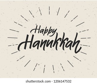 Happy Hanukkah lettering logotype, badge and icon typography.Golden glitter Lettering of jewish holiday logo template. Lettering card template. Calligraphy banner, flyer on textured background