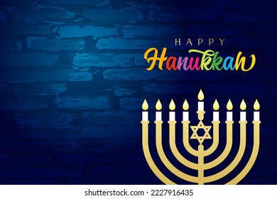 Happy Hanukkah lettering and menorah on brick wall. Jewish holiday Hanukka, greeting card with traditional Chanukah candles. Vector illustration