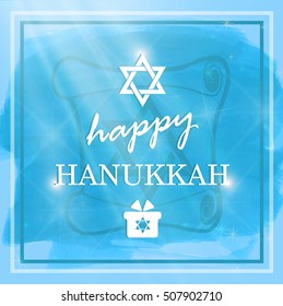 Happy Hanukkah lettering on blue background